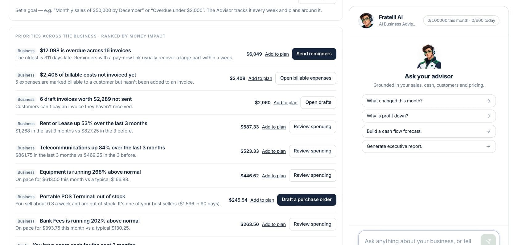 Fratelli AI Business Advisor — AI recommendation queue