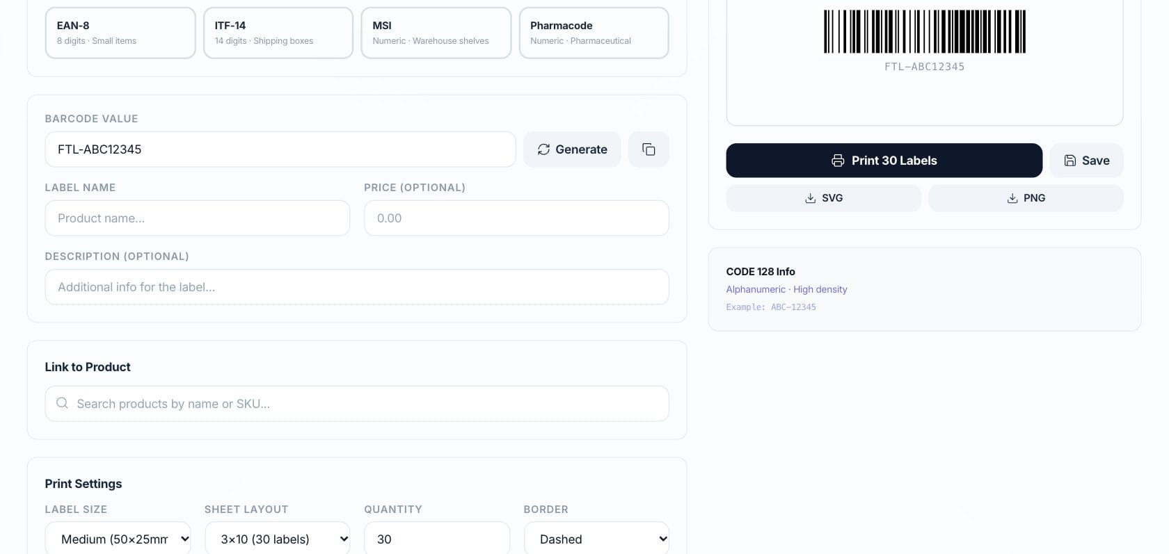 Fratelli Barcode Generator — Label preview