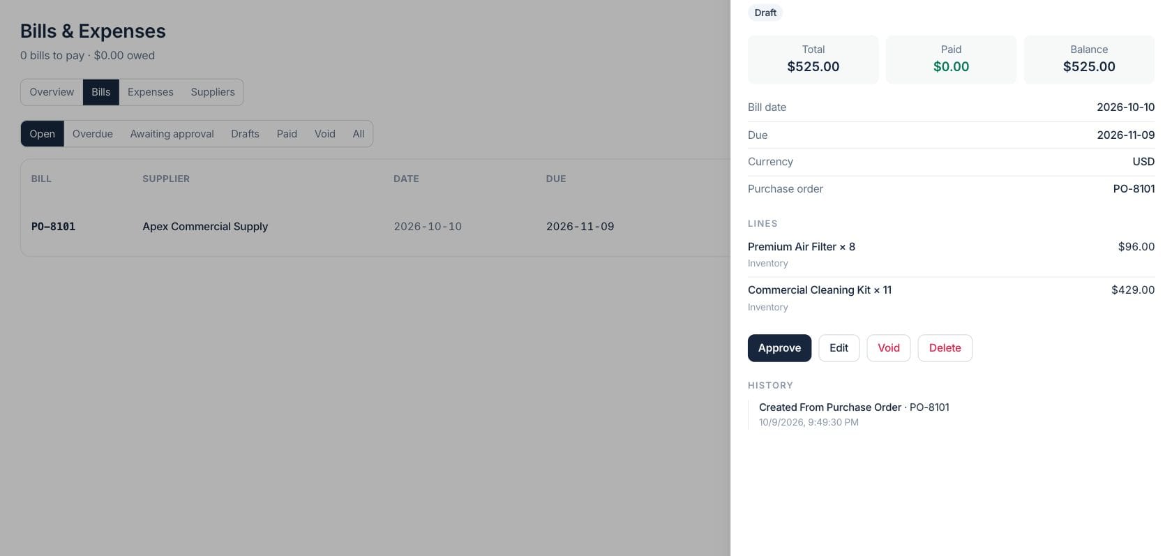 Fratelli Bills & Expenses — Vendor bill detail