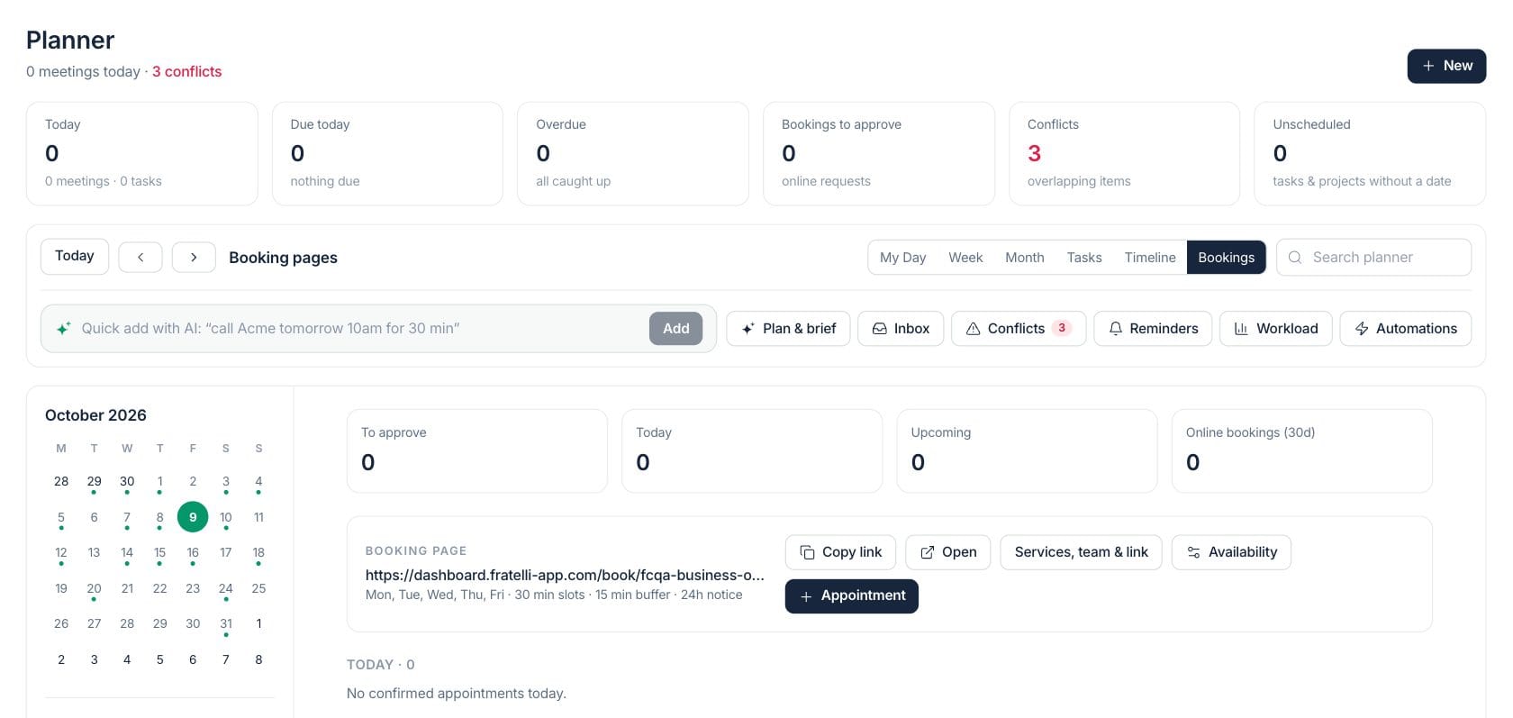 Fratelli Planner — Online booking controls