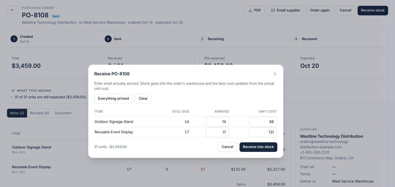 Fratelli Purchase Orders — Receive stock
