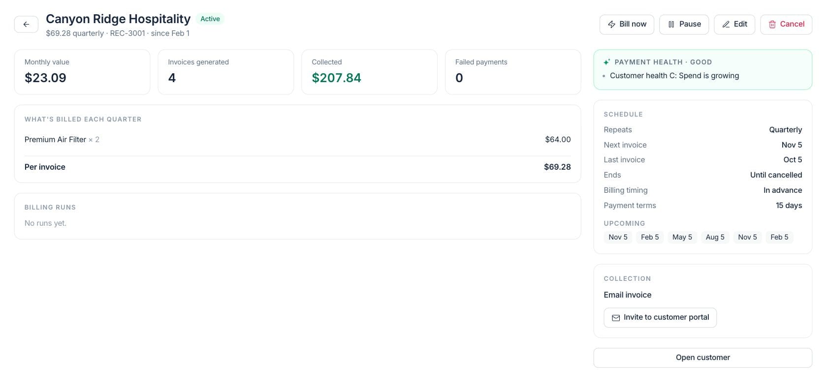 Fratelli Recurring Billing — Billing schedule detail